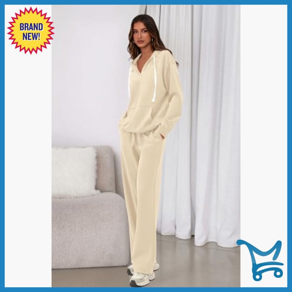 Oversized V-Neck Hoodie Wide Leg Sweatpants 2-Piece Set Medium - Picture 4 of 7